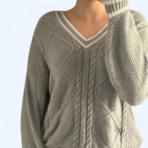 Hollister Light Gray V-Neck Cable Sweater